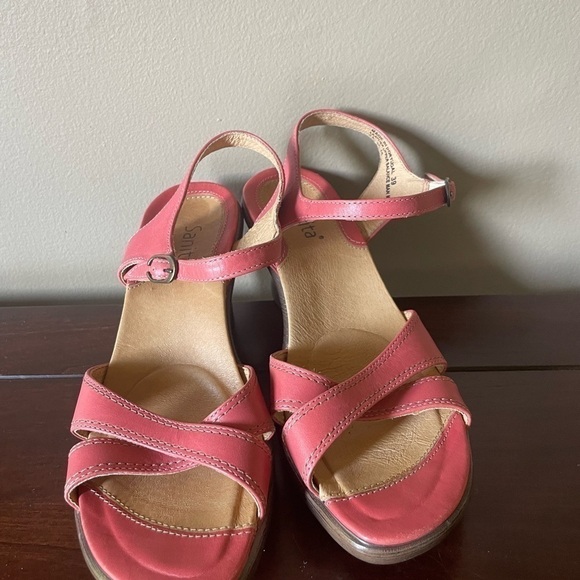 SANITA Wedge Sandal ankle strap open toe coral salmon leather 39 8 NEW - Picture 4 of 6